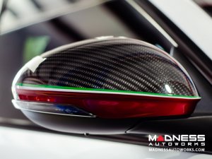 Alfa Romeo Giulia Mirror Covers - Carbon Fiber - Full Replacements - Red Stripe w/ QV Logo Alfa Romeo Giulia Mirror Covers - Carbon Fiber - Full Replacements - Red Stripe w/ QV Logo